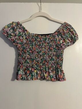 Gap Kids Smocked Floral Crop Top - Green Multi size 10